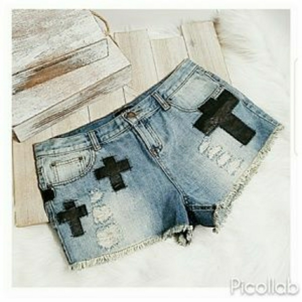 Jean Shorts w/ Rips Holes Crosses Tears Fringe